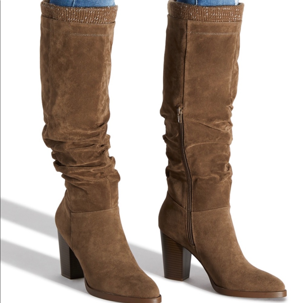 Brown heeled knee high boots